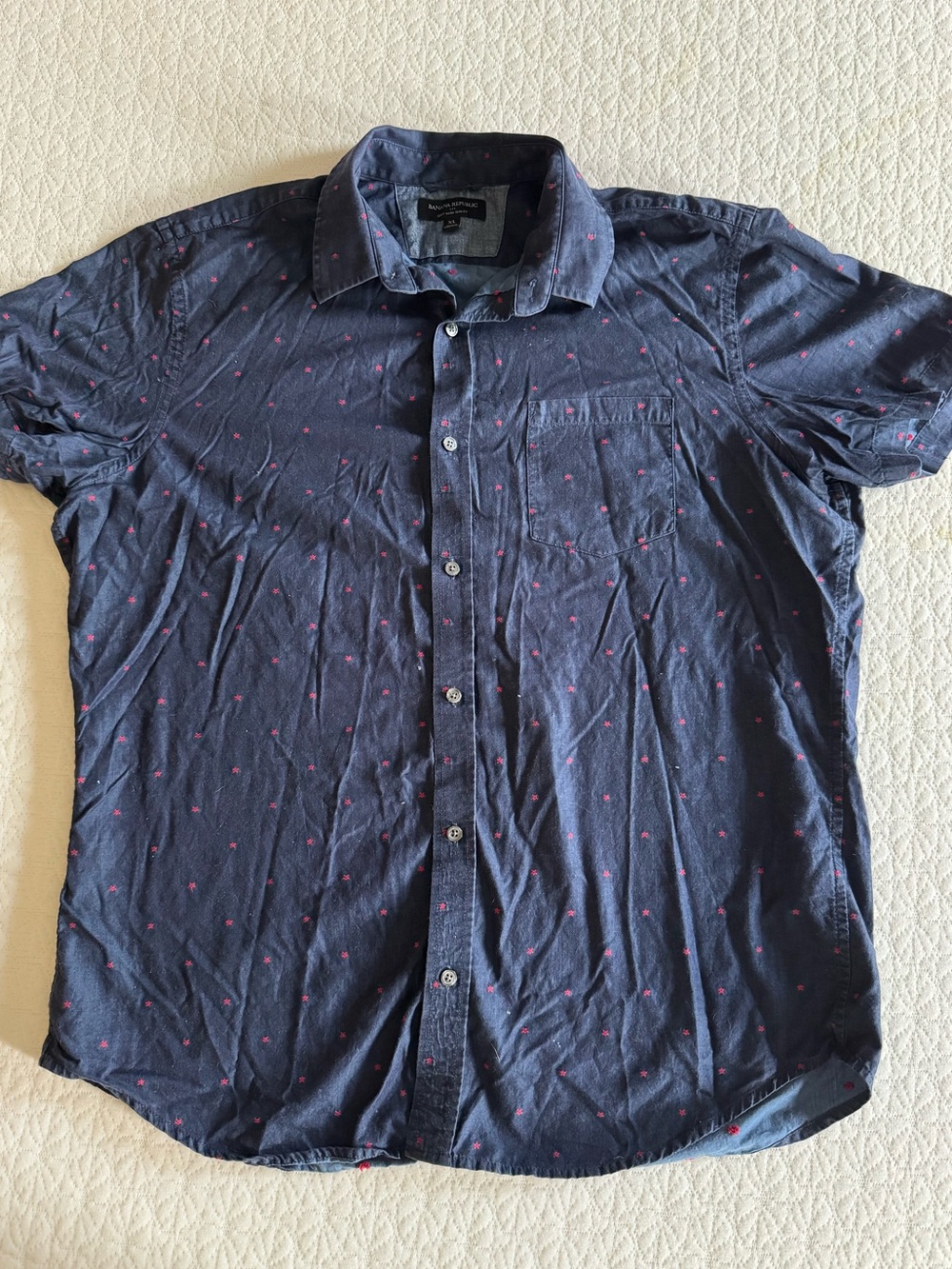 Banana Republic Navy Short Sleeve Button-Down with Pink Micro Dots